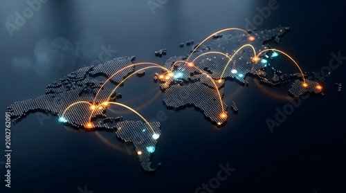 3D global digital map with glowing network arcs and nodes representing international business connectivity concept