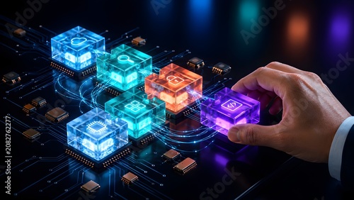 Businessman hand integrating glowing digital blocks on circuit board, Software architecture concept