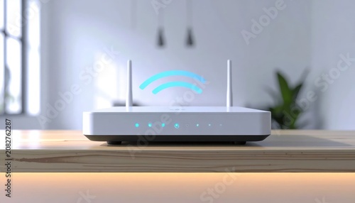 Wireless broadband router with glowing signal icon on desk.