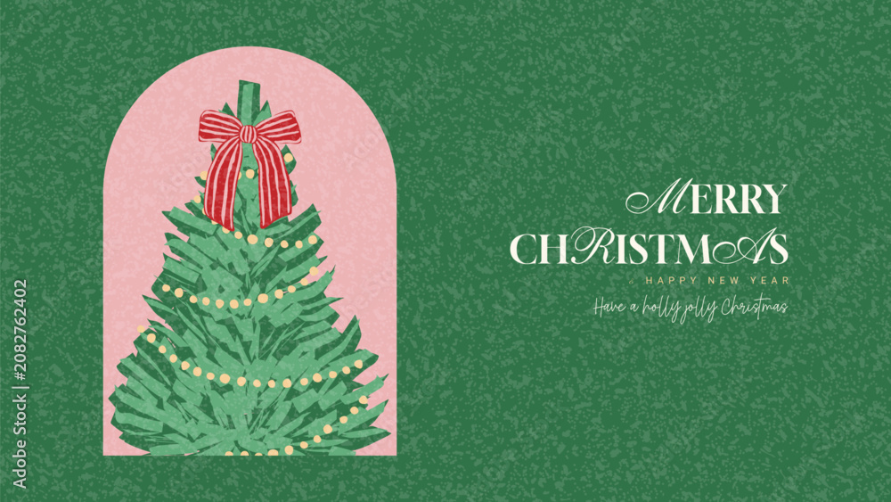 Fototapeta premium Retro Christmas and New Year banner. Christmas background with fir-tree decorated with bow and garland. Vector minimalist New Year banner with typography design for branding, cover, ads.