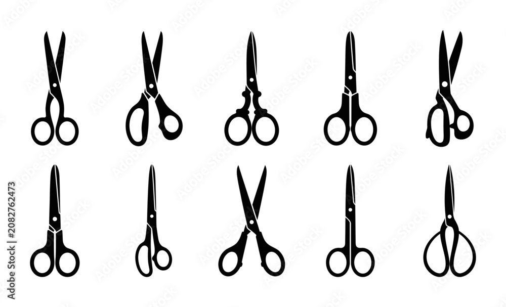 Fototapeta premium Collection of Professional Scissors Silhouettes for Crafting and Office Stationery Projects