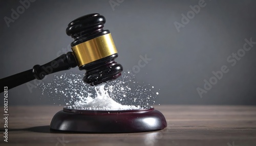 Wooden judge gavel hitting surface with white powder splash.