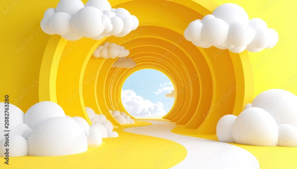 Naklejka premium Yellow circular portal path with white clouds 3D.
