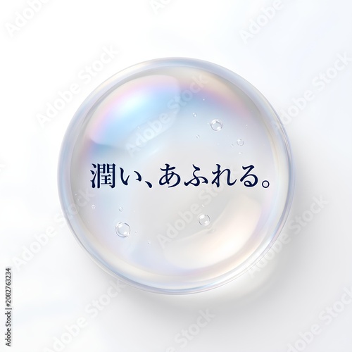 「潤い、あふれる。」のキャッチコピーが入った透明な水滴・シャボン玉の3Dイラスト素材。みずみずしい水分や保湿をイメージした白い背景と、光り輝く美しいガラス球のデザイン。化粧品やスキンケア、美容液、ローションの広告、ビューティー、ヘルスケア、乾燥対策、清潔感を伝えるWebサイトのバナーや背景、アイキャッチに最適な高品質グラフィック。