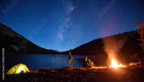 Yellow tent and campfire by lake under stars.