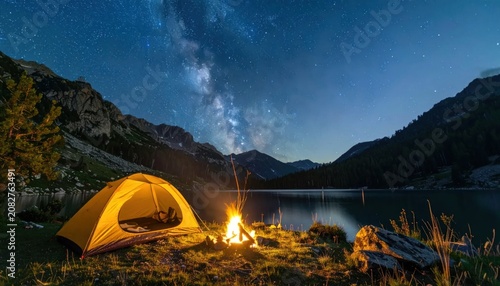 Yellow tent and campfire beneath the Milky Way galaxy.
