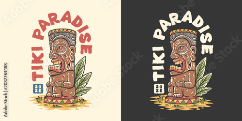 Fotografi Vintage Tribal Tiki Statue with Tropical Leaves, Island Heritage, Paradise, Adve