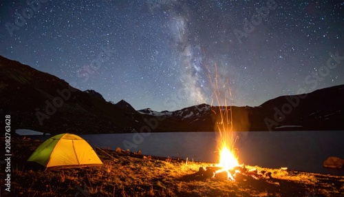 Yellow tent and campfire under starry night sky.