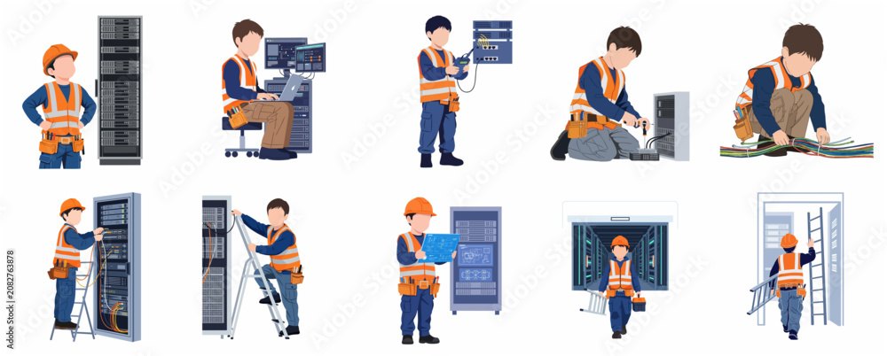Fototapeta premium Set of flat vector illustrations of a child network engineer working in a data center with server racks, managing cables, and using professional tools for IT maintenance and technology.