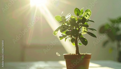 Young green plant in pot under bright sun rays.