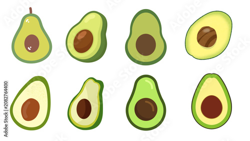 Collection of Fresh Ripe Avocado Halves and Whole Fruits Flat Vector Illustrations