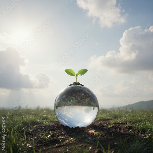 Realistic Glass Sphere with Green Plant and Nature Landscape