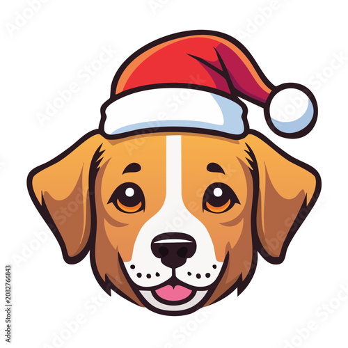 Cartoon Beagle Dog Face with Santa Hat