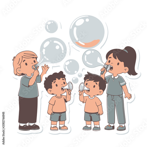 Cartoon children blowing soap bubbles