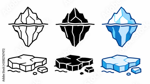 Three icebergs and melting ice caps: black, blue, and white variations
