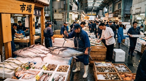 活気あふれる日本の魚市場の競り風景