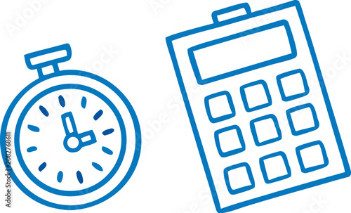 Simple blue vector illustration showing a stopwatch and a calculator for business and financial planning concepts