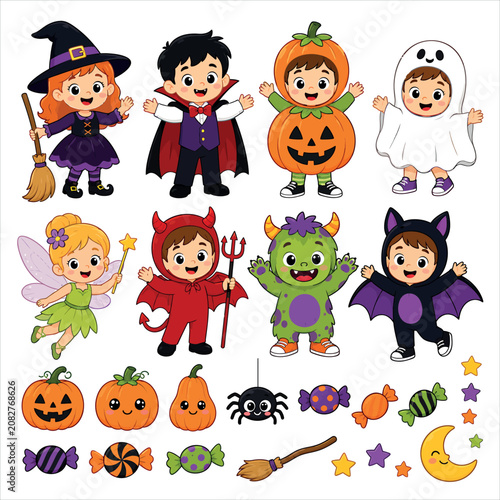 Halloween Costumes for Kids with Candy and Pumpkins Illustration Featuring Children, Witch, Vampire with Ghost and Fairy Elements