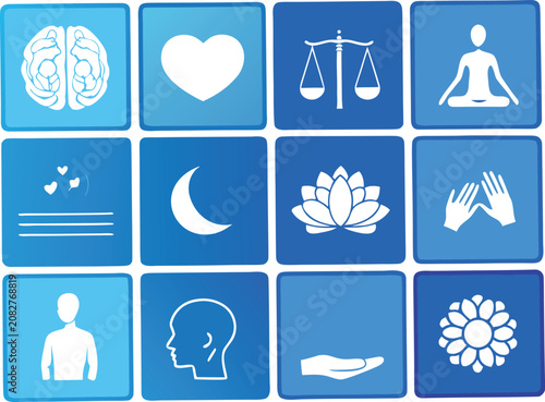 Set of blue vector graphic icons representing mental health wellness mindfulness and spiritual balance concepts design