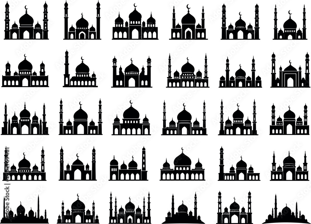 Fototapeta premium prayer, silhouette, minaret, mosque, religion, dome, icon, faith, crescent, islam, islamic, muslim, building, crescent moon, belief, charity, devotion, moon, spiritual, graphic, worship, abstract, art