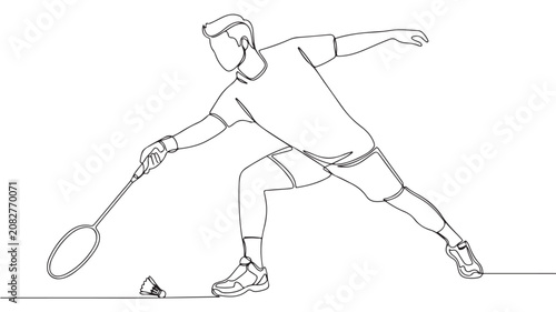 Continuous line drawing of badminton player hitting shuttlecock, minimalist athlete silhouette vector, professional sportsman action sketch