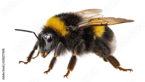 Foto Fuzzy bumblebee with yellow and black stripes on white