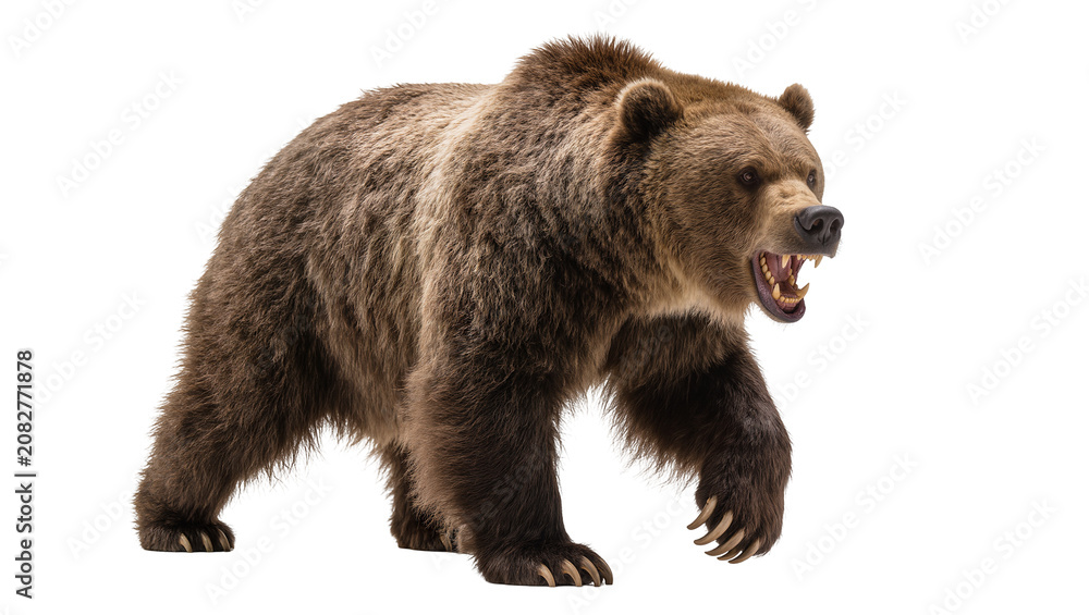 Fototapeta premium Grizzly bear walking with open mouth and sharp teeth