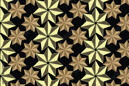 Geometric gold star pattern, luxury seamless background with 3D metallic stars, elegant black and gold repeating vector texture