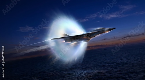 Modern stealth fighter jet flying at supersonic speed creating a vapor cone over the ocean at twilight