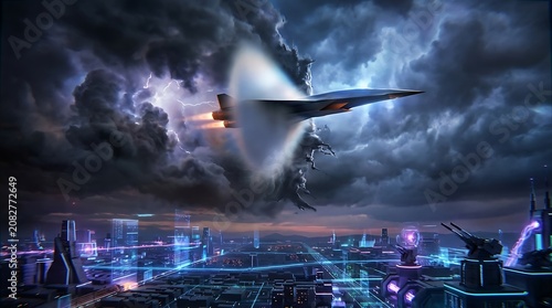 Supersonic jet aircraft breaking the sound barrier with a vapor cone above a futuristic neon city at night with storm clouds and lightning in the sky