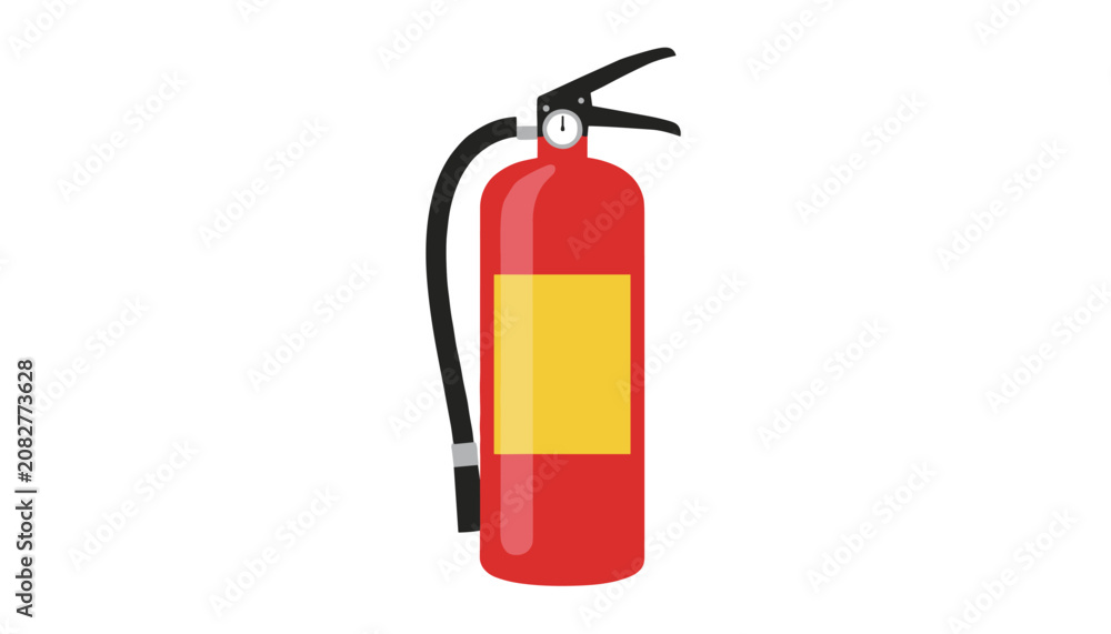 Obraz premium Industrial red fire extinguisher safety equipment with a yellow label and hose isolated on white background.