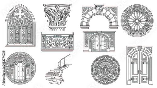 Photos Gothic architectural elements set, vintage cathedral windows and ornate doors ve