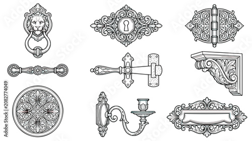 Foto Vintage architectural hardware set, 9 antique door fittings and furniture orname