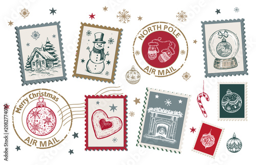 Принти на полотні Festive christmas postage stamp collection with hand drawn illustrations of snow