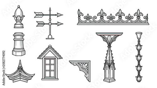 Photos Vintage architectural roof elements vector set, Victorian house exterior details