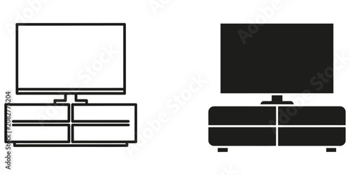Television set on a modern entertainment stand with clean lines during studio lighting for conceptual use