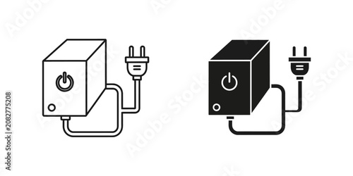 Power supply unit with power button and plug connected in a simple line art and solid icon style