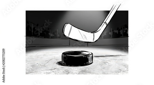 Dramatic Closeup of Hockey Puck and Stick on Ice During a Game, Spectators Visible