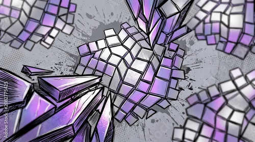 Geometric Abstract Forms Exploding in Purple and Silver, Digital Art