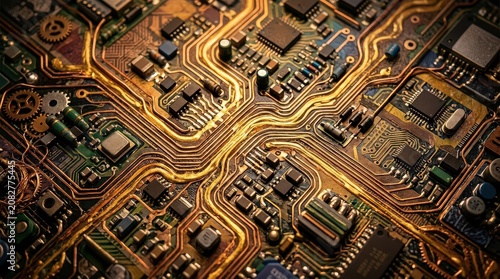 Intricate Golden Circuit Board with Copper Pathways and Electronic Components, Macro View