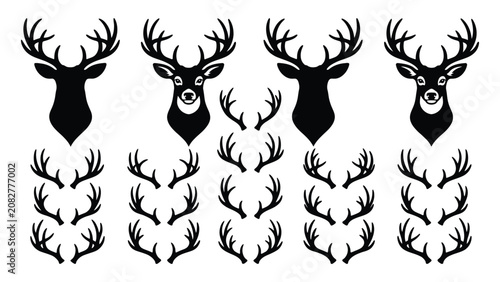 Fotografija Deer heads and antlers are arranged in a symmetrical pattern as a collection of monochromatic wildlife graphic elements