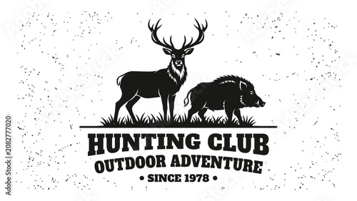 Fotografie Hunting club logo featuring a deer and a wild boar stands on a textured background