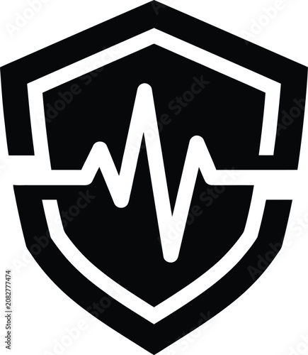 Solid black medical health insurance shield and pulse logo