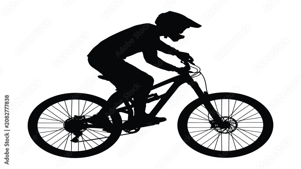 Fototapeta premium Cyclist silhouette rides a mountain bike while wearing a protective helmet.