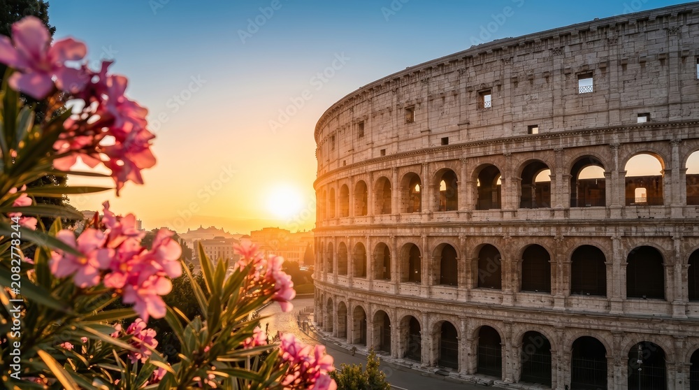 Obraz premium Majestic Colosseum in Rome captured at sunrise with colorful flowers framing the view.