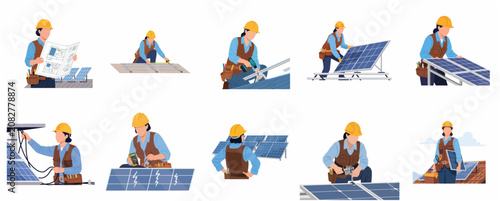Obraz na plátně Set of female professional technicians and engineers installing and maintaining