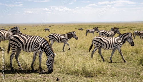 Herd of Plains zebra (Equus quagga) Grazing and walking in Masai Mara National Park, Kenya.
