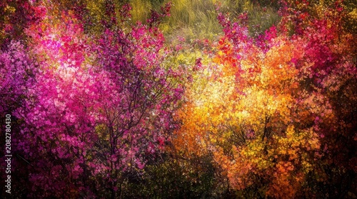 A riot of vibrant autumn foliage displaying colorful blossoms and lush green growth along a sunlit riverbank