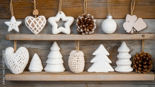 Cozy Christmas Decorations on a Wooden Shelf with Natural Textures and Soft Lighting