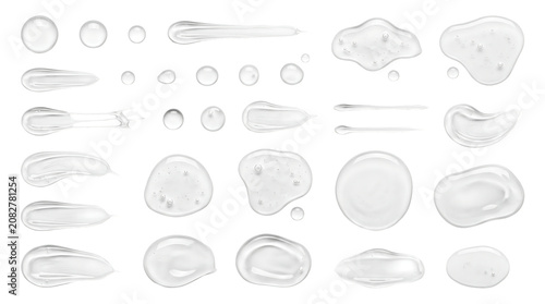 Set of transparent gel drops and liquid texture samples with transparent